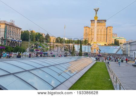 KIEV UKRAINE - JUNE 05 : The Maidan Nezalezhnosti in Kiev Ukraine on 05 June 2017 it is one of the city's main squares located on Khreshchatyk Street
