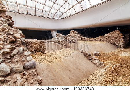 SOFIA BULGARIA - JANUARY 03: Ruins of Roman building in open underground museum between Serdika metro stations on January 03 2017 in Sofia Bulgaria