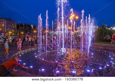 KIEV UKRAINE - JUNE 05 : The fountains on Maidan Nezalezhnosti in Kiev Ukraine on 05 June 2017 it is light and music fountain complex opend on May 01 2017