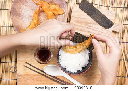 Chef decorated tempura on rice / Cooking Tempura concept
