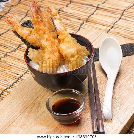 Chef decorated tempura on rice / Cooking Tempura concept