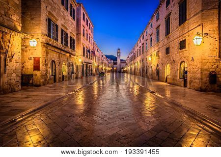 Scenic night view at famous historic Stradun street in Dubrovnik, popular landmark in Croatia summertime, Europe.