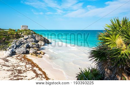 Tulum Mexico sea view from the Mayan city archaeological site with the Wind Temple in the background
