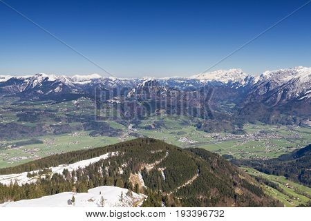 Panorama of the bavarian alps as seen from Rossfeld Panorama road Berchtesgadener Land Bavaria Germany