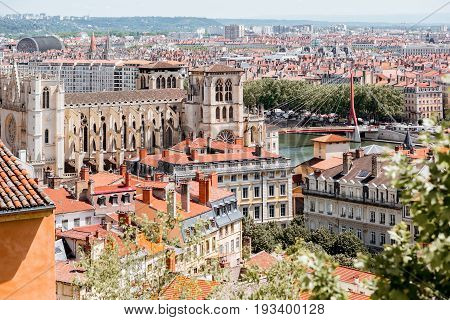 Aerial cityscape view with saint Johns cathedral and beautiful buildings in Lyon city