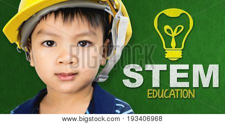 Asian boy with Engineer hat and STEM education logo