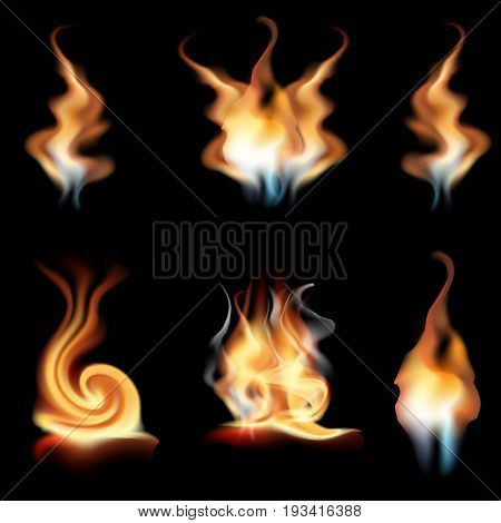vector realistic fire flames collection isolated on black background. Burning spruts of flame effect with sparkles. Graphic design clip art for web and print. Editable layered illustration