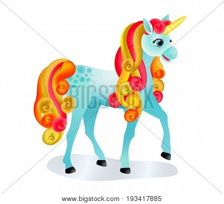 Cute cartoon unicorn with colorful mane and tail. Isolated image on white. Vector illustration.