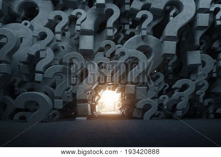 Empty room with gray 3d question marks on the walls. There is a way out with a sunlight in the distance. Concept of an answer search. 3d rendering mock up