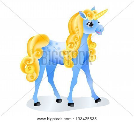 Cute cartoon unicorn with colorful mane and tail. Isolated image on white. Vector illustration.