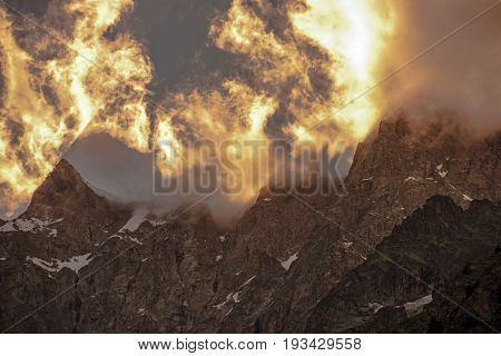 Scenic Alpine Sunset. Mont Blanc Massif Peaks During Scenic Sunset.