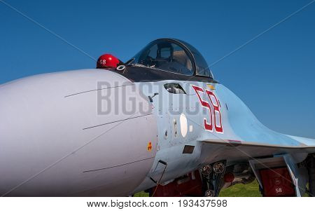 Pushkin, Russia - June 5, 2017: The cabin of a jet fighter pilot of Sukhoi SU35 - under the NATO codification: Flanker-E.