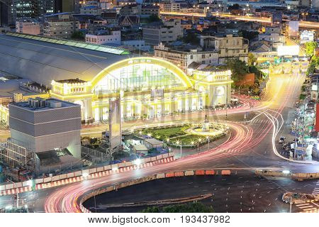Hua Lamphong Railway Station in twilight at Bangkok ThailandHigh angle view big center of Train Station.