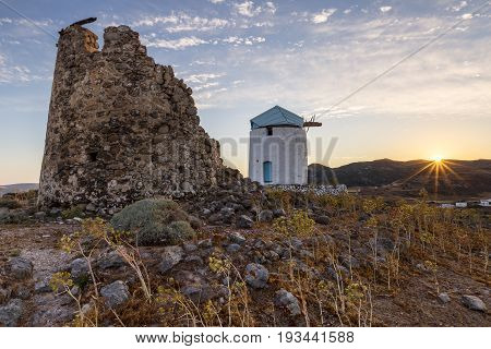 Old windmill near Chora village on Kimolos island in Greece.