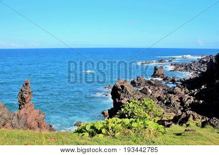 Black volcanic rocck along the beach in St. Kitts