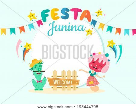 Festa Junina vector illustration with cactus and cute apple caramel candy girl. Latin American traditional june holiday. Flat style. Template for card banner flyer etc.