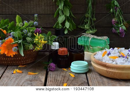 Composition Of Fresh Herbs And Flower Used In Natural Alternative Medicine Or Cosmetology For Prepar