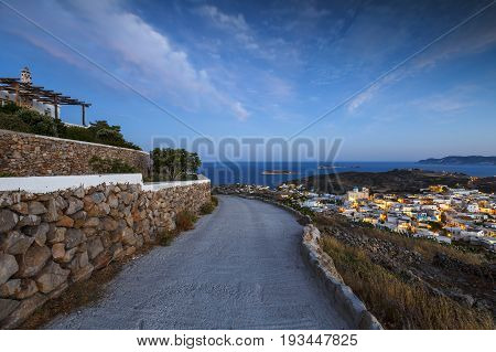 Chora village on Kimolos and Milos island in the distance.