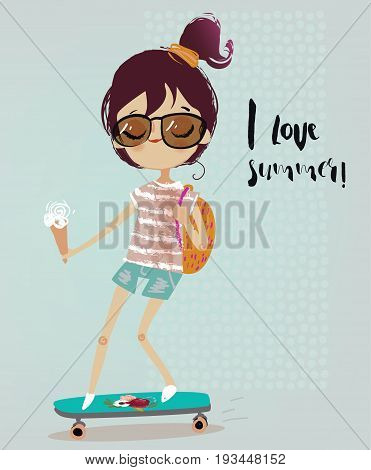 cute cartoon girl with icecream and skeitboard