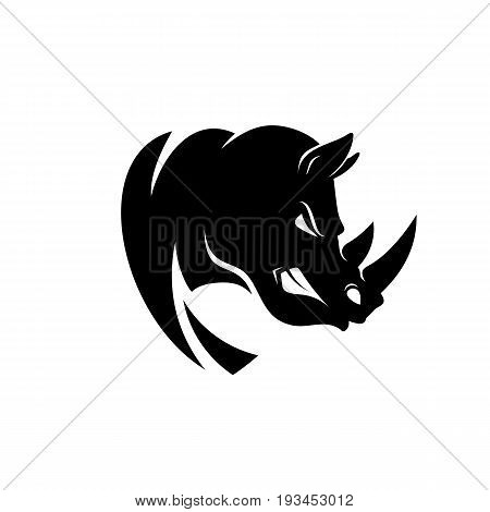 Rhino head logo or icon in black and white color. Rhinoceros bares its teeth. Stock vector illustration.