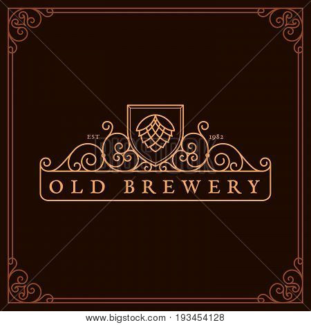Flourishes frame ornament template with hop for logo, labels, emblems for beer house, bar, pub, brewing company, brewery, tavern. Vector illustration.