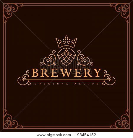 Flourishes ornament template with hop and crown for logos, labels, emblems for beer house, bar, pub, brewing company, brewery, tavern. Vector illustration.