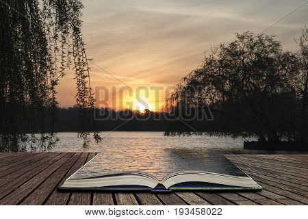 Beautiful Vibrant Spring Sunrise Over Calm Lake In English Countryside Concept Coming Out Of Pages I