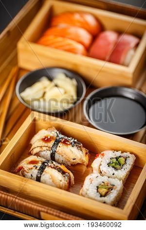 Sushi Set Sashimi And Sushi Rolls