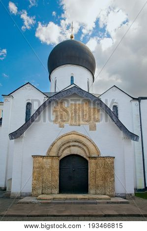 Moscow Russia - May 27 2017: Northern facade of Pokrovsky Cathedral Saints Martha and Mary Convent. White stone carving by Sergey Konenkov 1910. Moscow. Russia