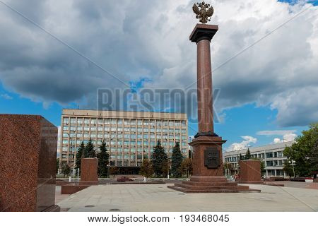 TVER RUSSIA - JULY 31 2016: a Stele in honor of assignment of Tver ranks the City of military glory on The Sovetskaya street in the center of Tver city