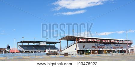 CODY, WYOMING - JUNE 24, 2017: Cody Stampede Park arena. Cody is the Rodeo Capitol of the World. 2017 marks 79th anniversary of nightly performances.