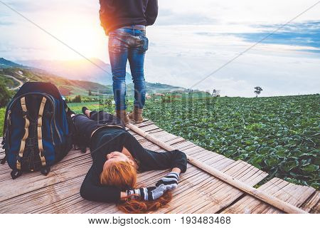Lover Men and women Asia travel relax. Morning atmosphere nature Forests mountains. Phu Thap Buek Thailand