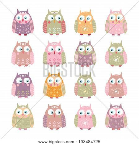 Collection of owls in pastel colors. Vector illustration.