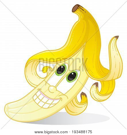 Yellow banana character with fun funky hairstyle for banana-flavored fruit candy or drink