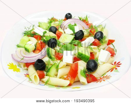 greek vegetable salad with tomato pasta and olives
