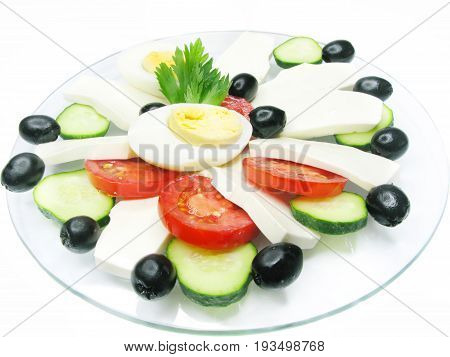 mediterranean breakfast made of tomato cheese egg and olive