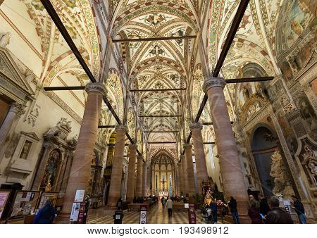 VERONA ITALY - MAY 1 2016 - Interior of Sant'Anastasia Church in Verona Italy. Sant'Anastasia is a church of the Dominican Order in Verona it was built in 1280 -1400