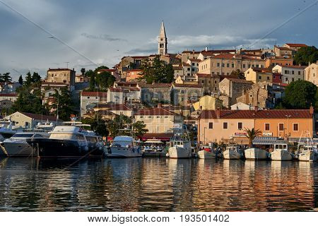 Beautiful View Of Vrsar Port And Vrsar Village With Landmark Of Church Tower At Sunset-Istria, Croatia