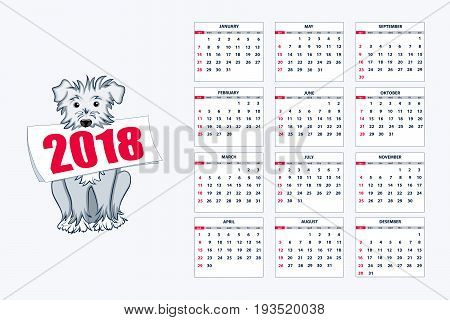 Classic american calendar for wall year 2018 with cartoon blue dog. English language. Week starts on Sunday. There are all 12 month. eps 10