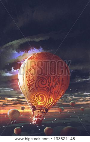hot air balloons floating in the sky at sunset, digital art style, illustration painting