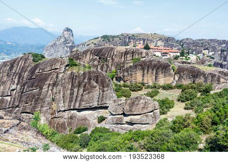 Aerial sunset view on monastery at coast of mountains. Greece, Corfu