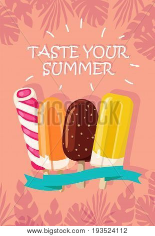 Vector illustration summer poster with ice cream and tropical leaves background