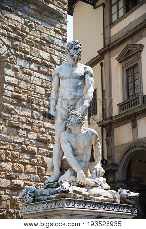 travel to Italy - statue Hercules and Cacus on Piazza della Signoria in Florence city. This work by the Florentine artist Baccio Bandinelli (1525-1534)