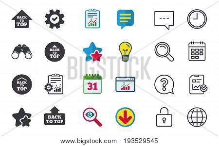 Back to top icons. Scroll up with arrow sign symbols. Chat, Report and Calendar signs. Stars, Statistics and Download icons. Question, Clock and Globe. Vector