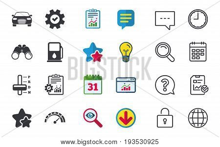 Transport icons. Car tachometer and automatic transmission symbols. Petrol or Gas station sign. Chat, Report and Calendar signs. Stars, Statistics and Download icons. Question, Clock and Globe. Vector
