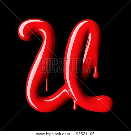 Glossy red letter U uppercase. 3D rendering font with glint on black background.