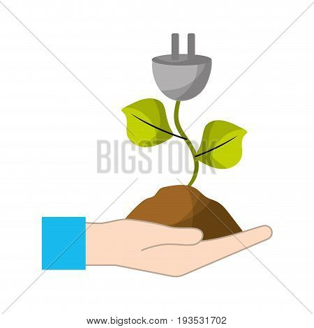 hand with power cable plant with leaves and ground vector illuctration