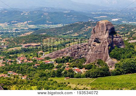 Green trees and rock mountains at sunset in Greece, Corfu