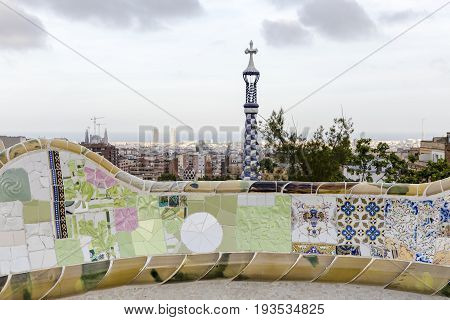 Barcelona landscape from park Güell with Antonio Gaudi design bench