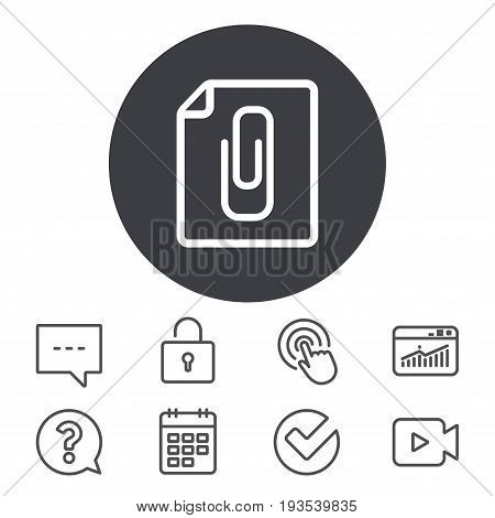 File annex icon. Paper clip symbol. Attach symbol. Calendar, Locker and Speech bubble line signs. Video camera, Statistics and Question icons. Vector